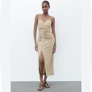 Zara Ruched Linen Blend Midi Slip Dress size Medium